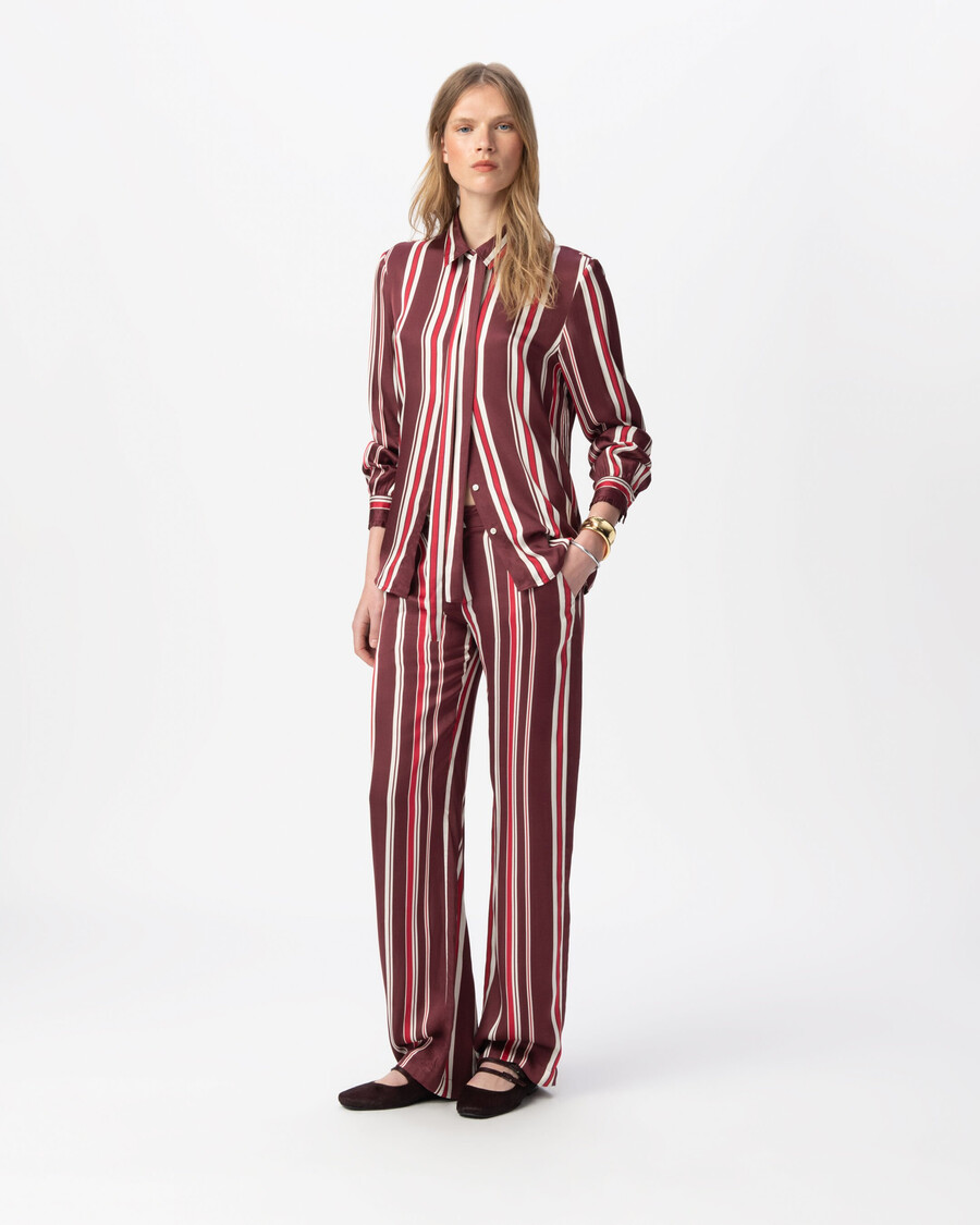 camicia da donna con cravatta a righe bordeaux
