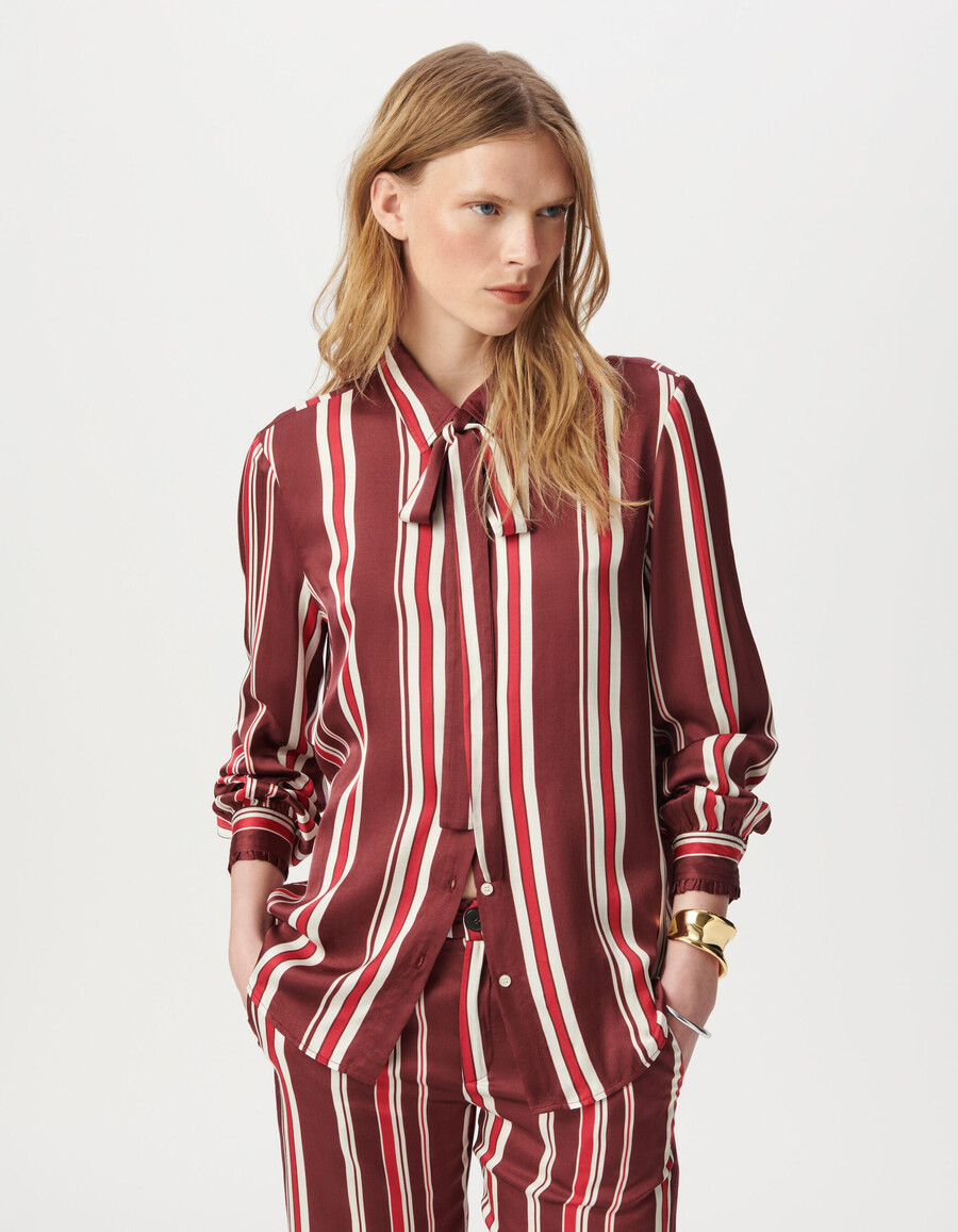 camicia da donna con cravatta a righe bordeaux