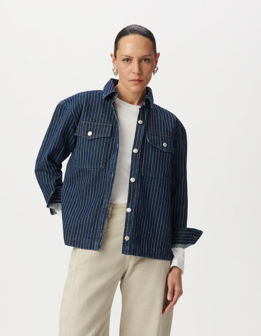 camicia a righe in denim bianco da donna