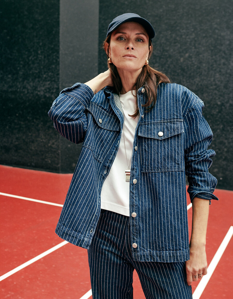 camicia a righe in denim bianco da donna