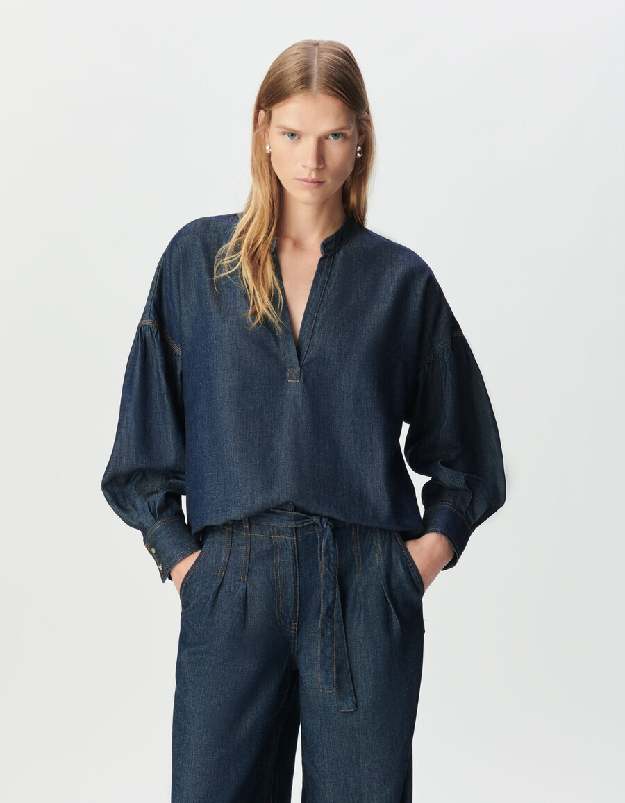 blusa oversize in lyocell blu grezzo da donna