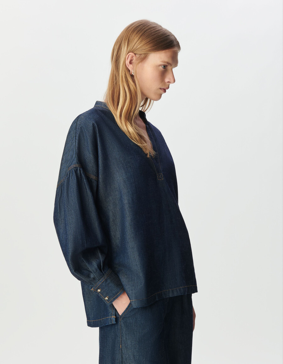 blusa oversize in lyocell blu grezzo da donna