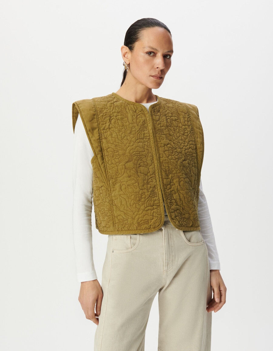 gilet senza maniche trapuntato ricamato color cachi da donna