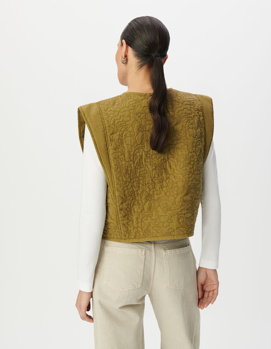 gilet senza maniche trapuntato ricamato color cachi da donna