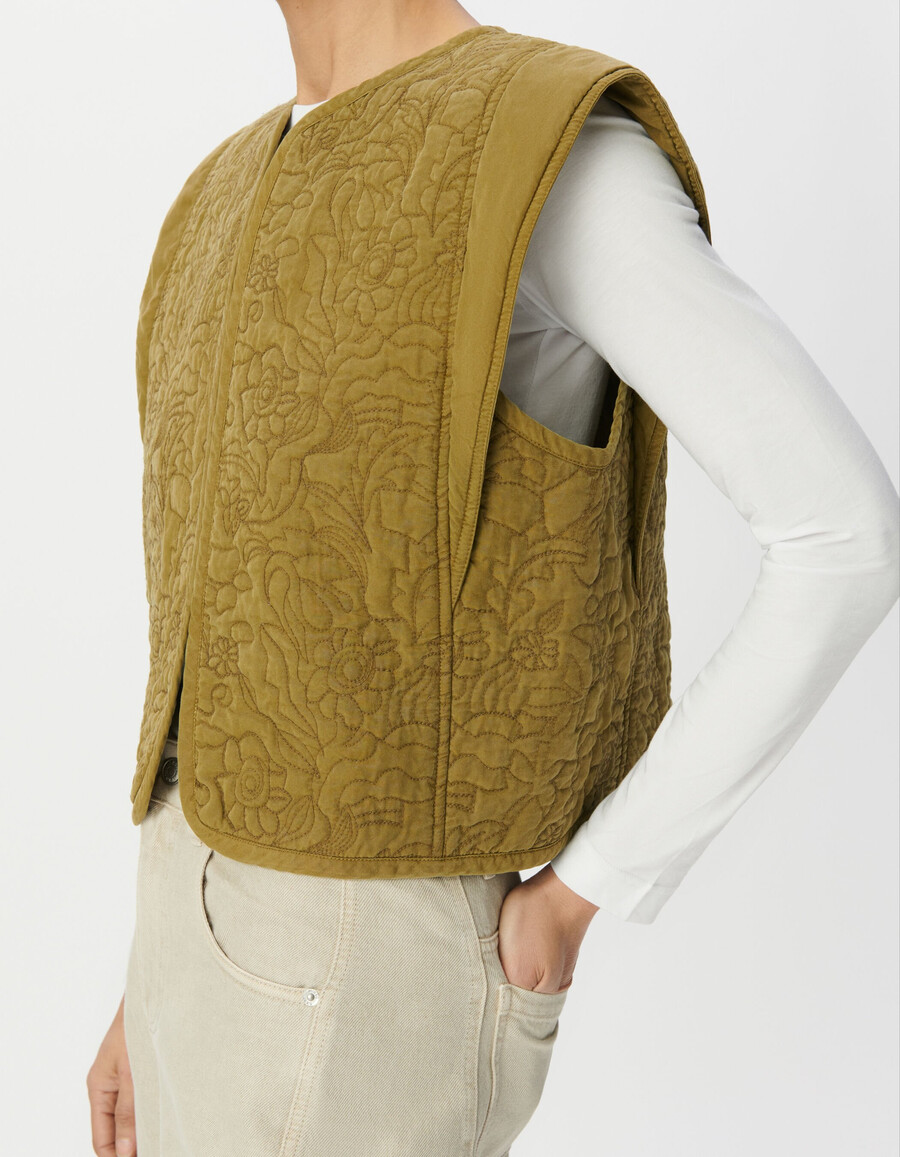gilet senza maniche trapuntato ricamato color cachi da donna