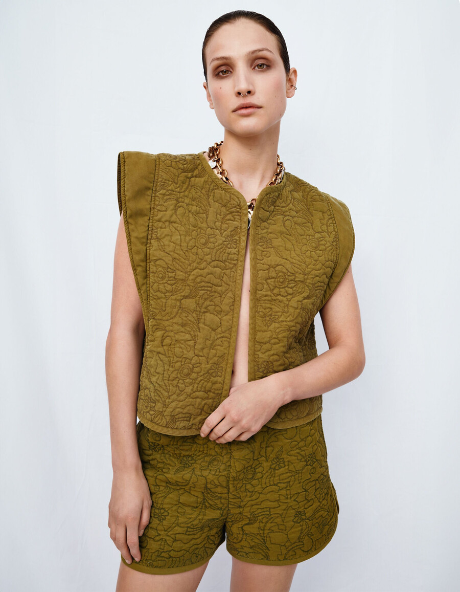 gilet senza maniche trapuntato ricamato color cachi da donna