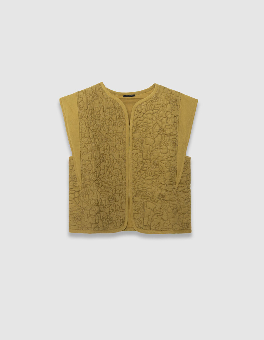 gilet senza maniche trapuntato ricamato color cachi da donna
