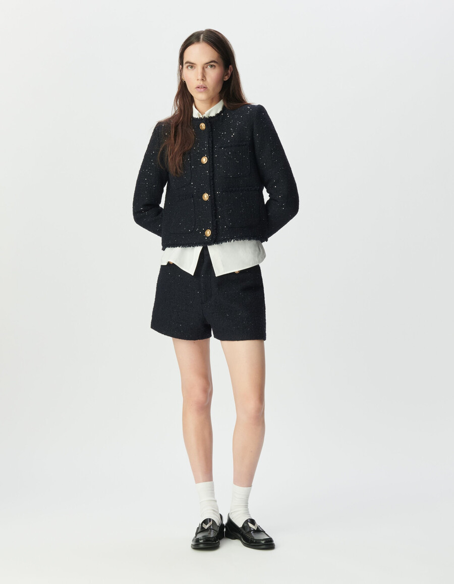 giacca corta da donna in tweed blu navy con paillettes ricamate