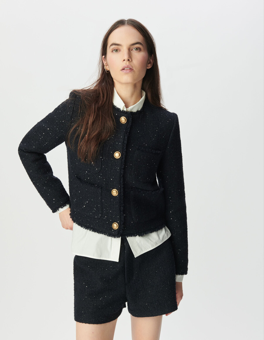giacca corta da donna in tweed blu navy con paillettes ricamate