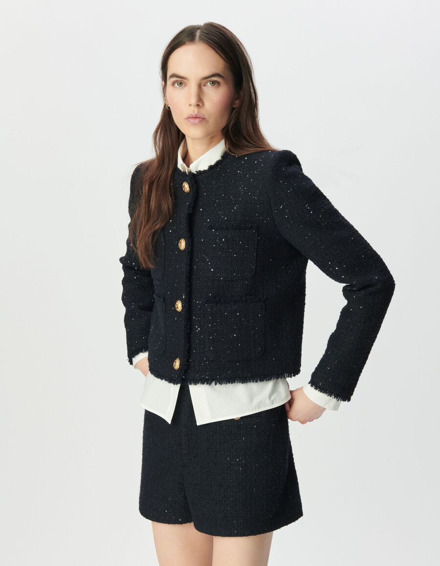 giacca corta da donna in tweed blu navy con paillettes ricamate