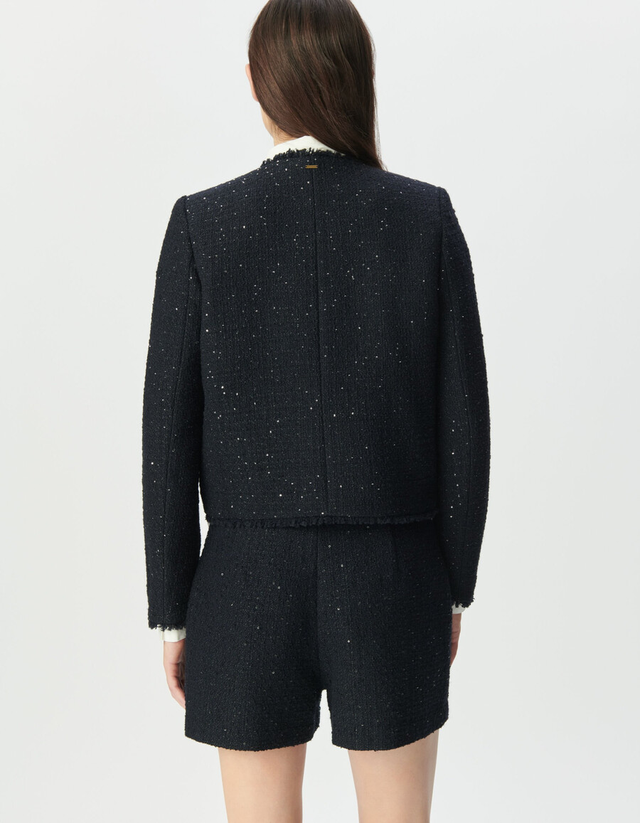 giacca corta da donna in tweed blu navy con paillettes ricamate