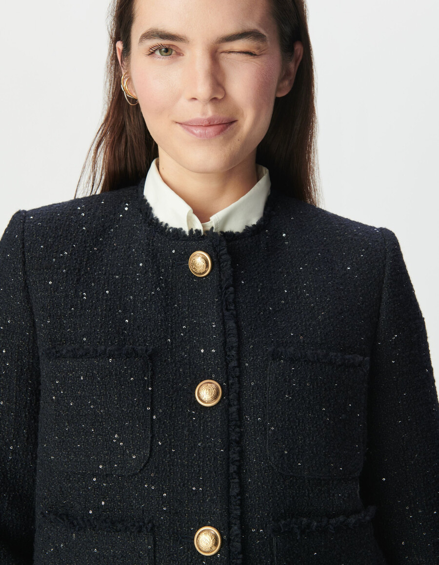 giacca corta da donna in tweed blu navy con paillettes ricamate