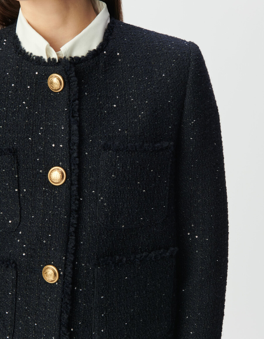 giacca corta da donna in tweed blu navy con paillettes ricamate