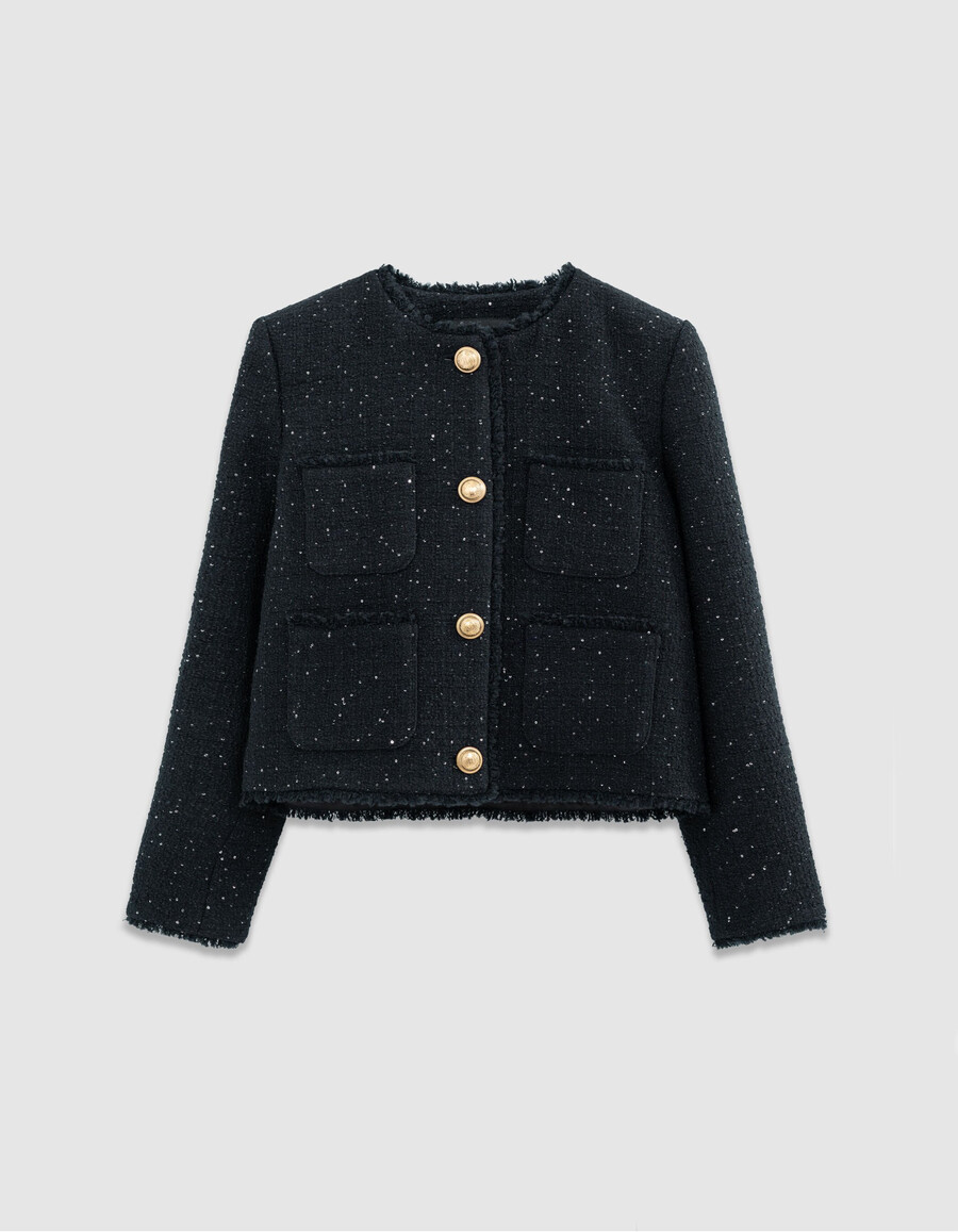 giacca corta da donna in tweed blu navy con paillettes ricamate