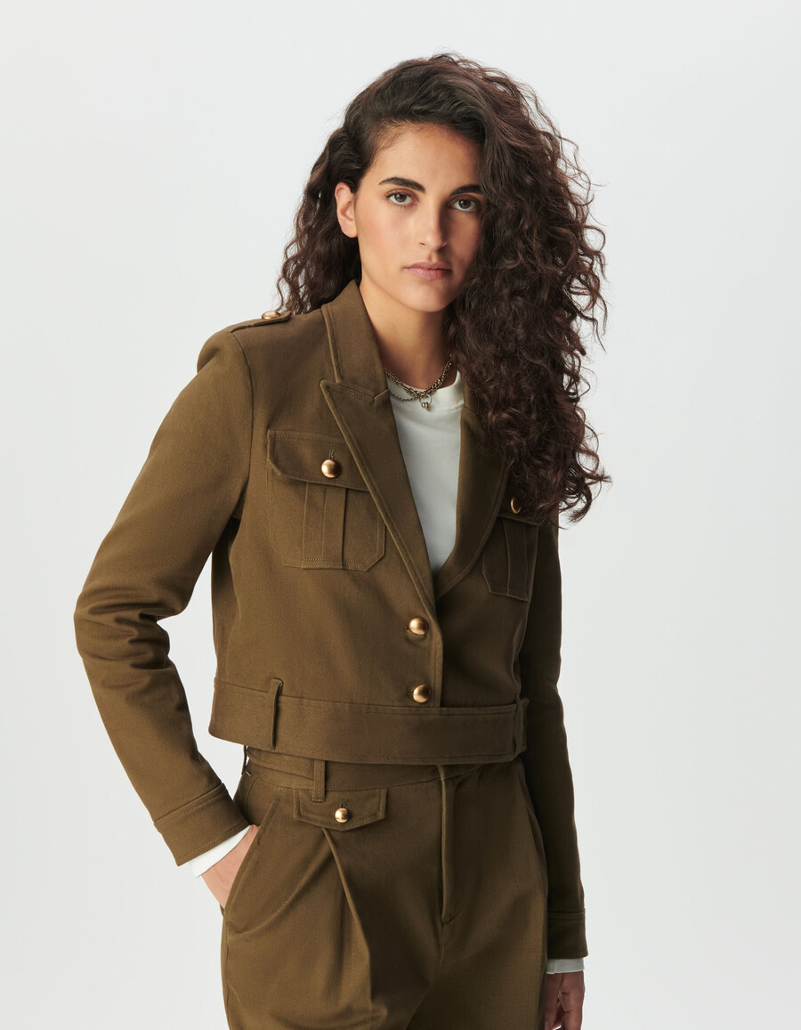 giacca corta da donna in gabardine color cachi
