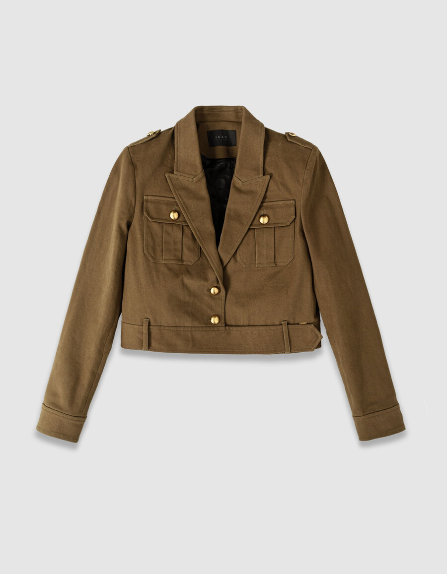 giacca corta da donna in gabardine color cachi
