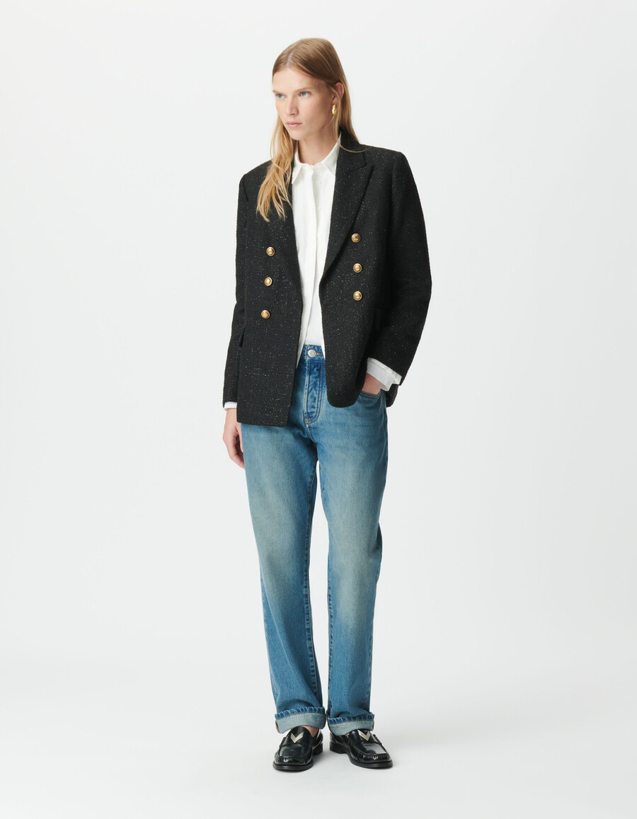 giacca da abito da donna in stile tweed nero glitterato