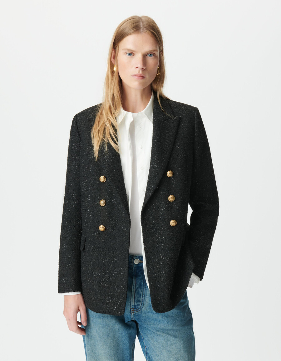 giacca da abito da donna in stile tweed nero glitterato