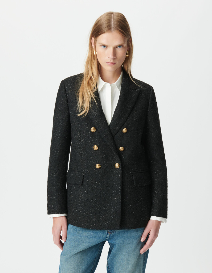 giacca da abito da donna in stile tweed nero glitterato