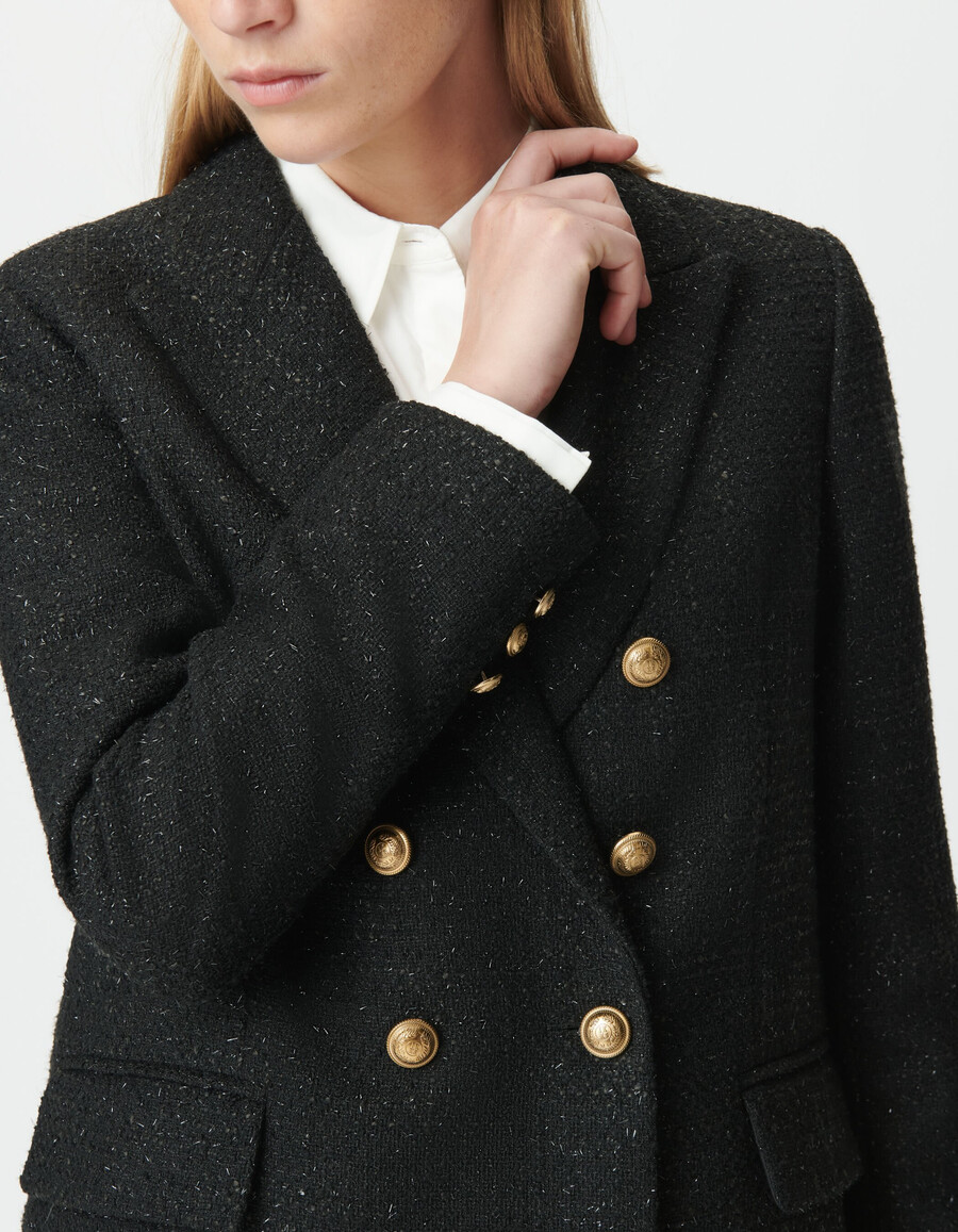 giacca da abito da donna in stile tweed nero glitterato