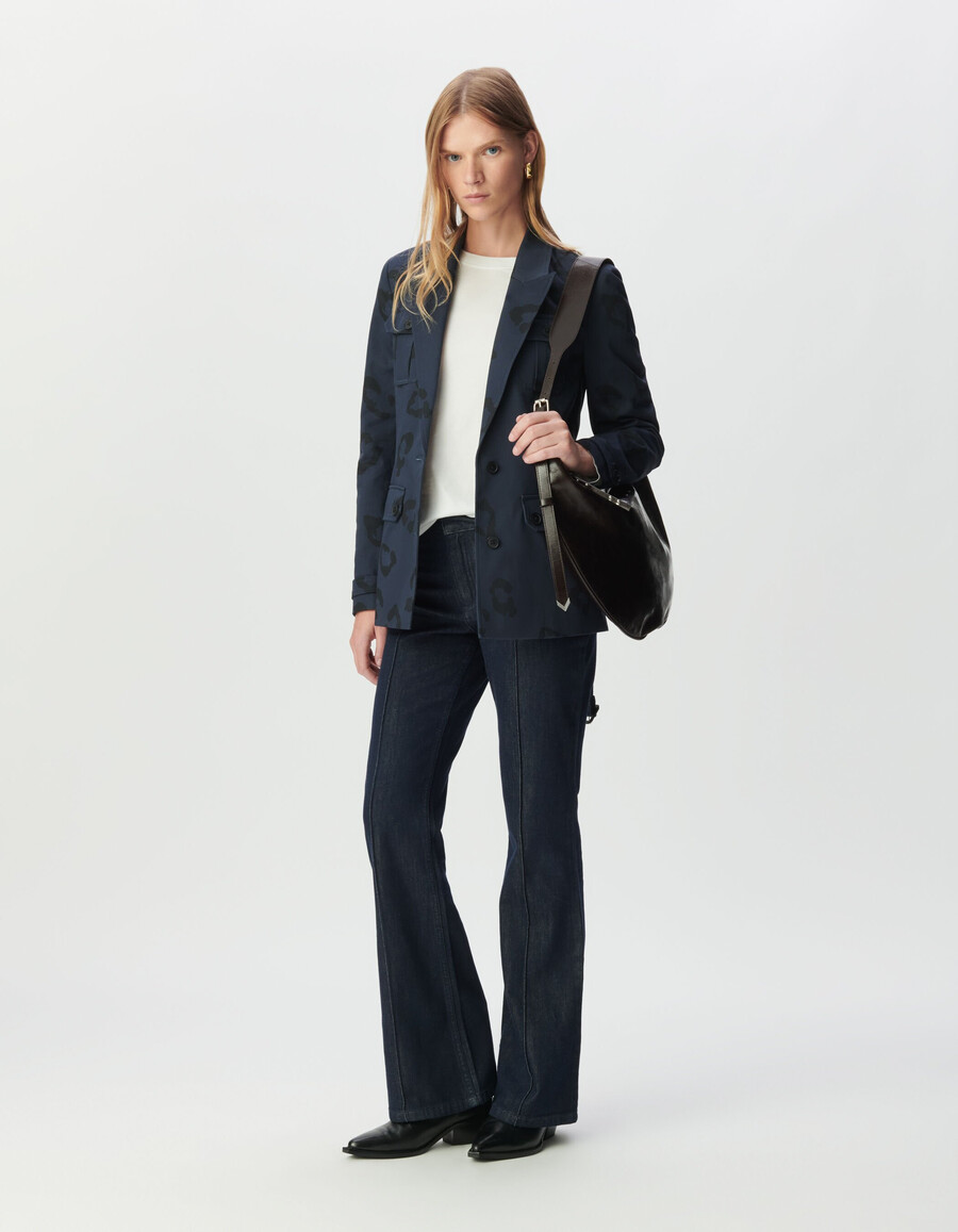 giacca safari blu navy da donna con stampa giaguaro