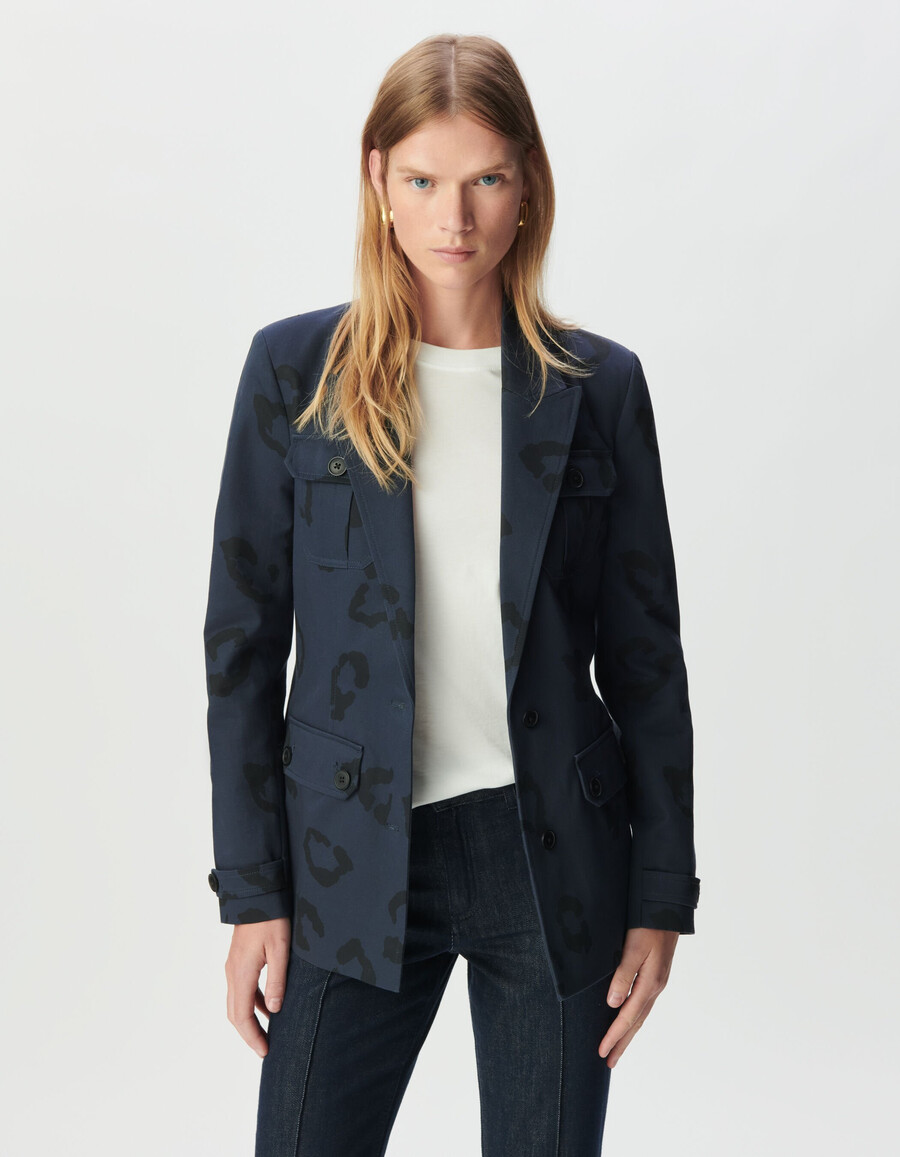 giacca safari blu navy da donna con stampa giaguaro