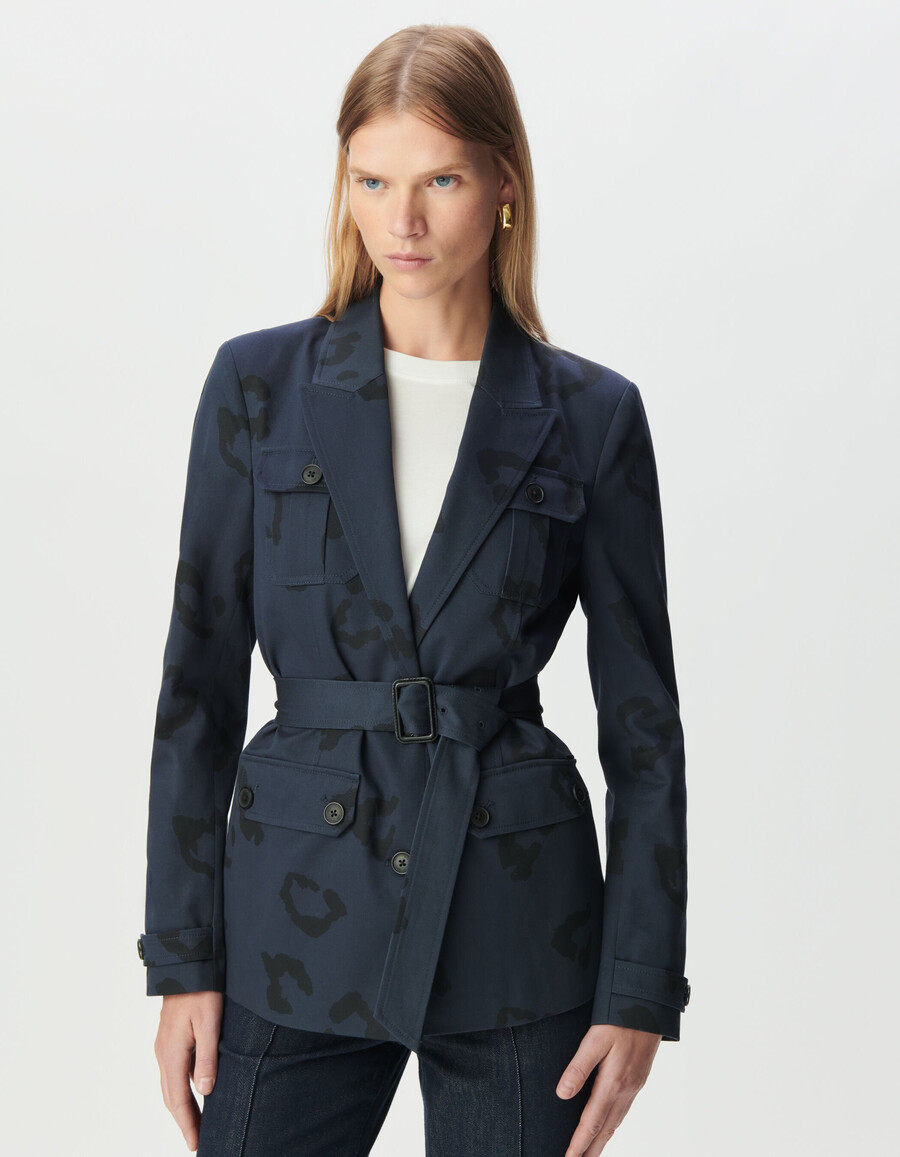giacca safari blu navy da donna con stampa giaguaro