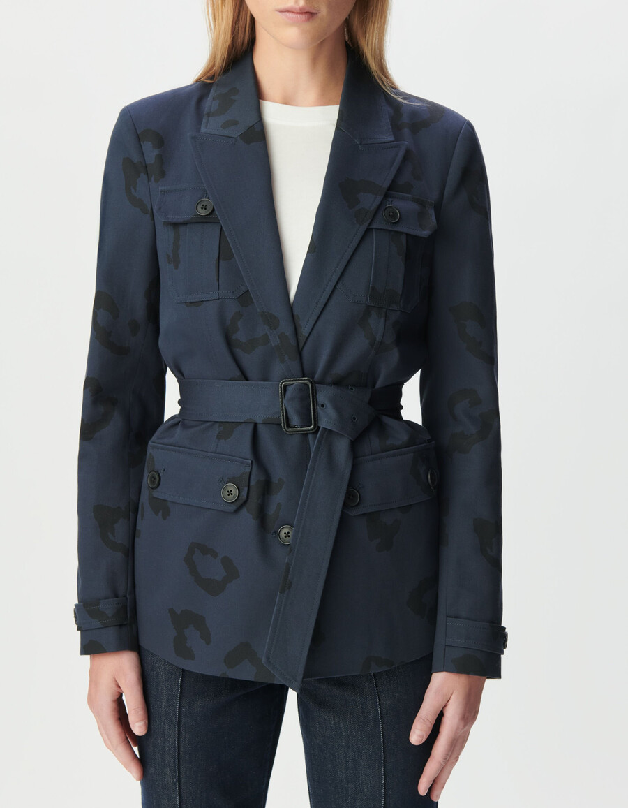 giacca safari blu navy da donna con stampa giaguaro