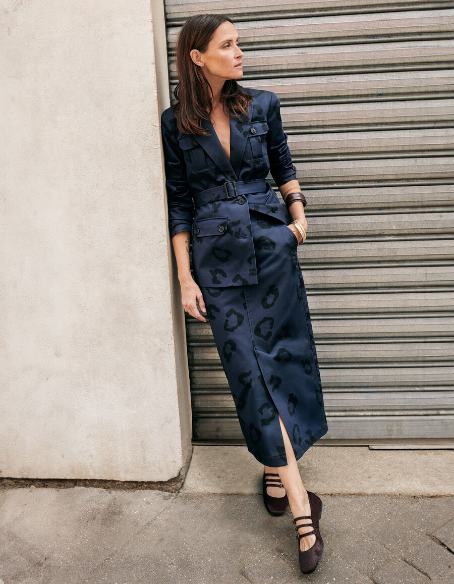 giacca safari blu navy da donna con stampa giaguaro