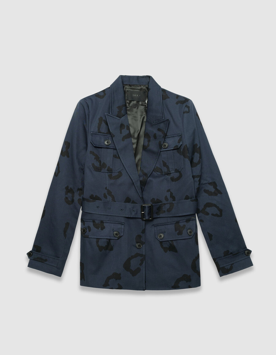 giacca safari blu navy da donna con stampa giaguaro
