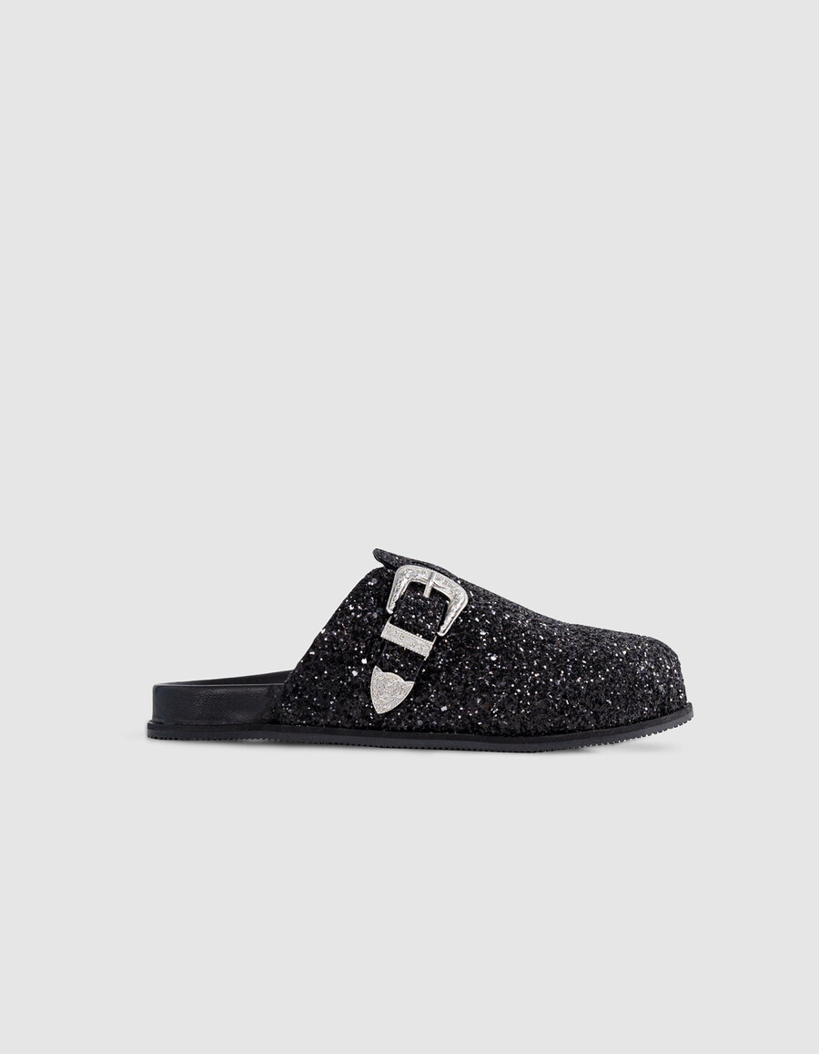 zoccoli neri con micro paillettes e fibbia western da donna