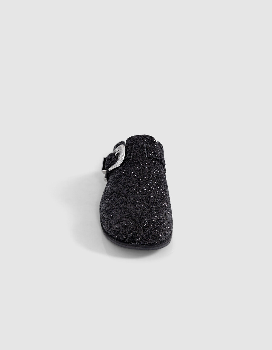 zoccoli neri con micro paillettes e fibbia western da donna