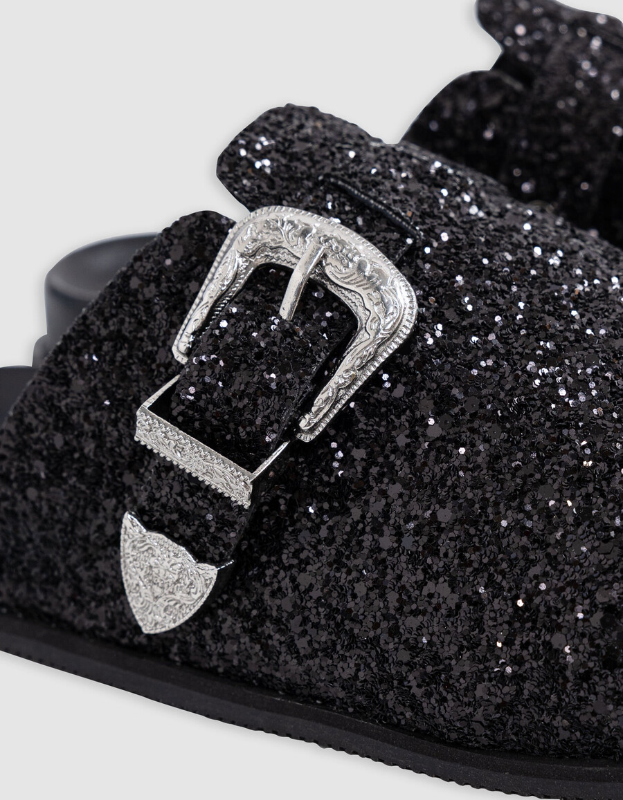 zoccoli neri con micro paillettes e fibbia western da donna