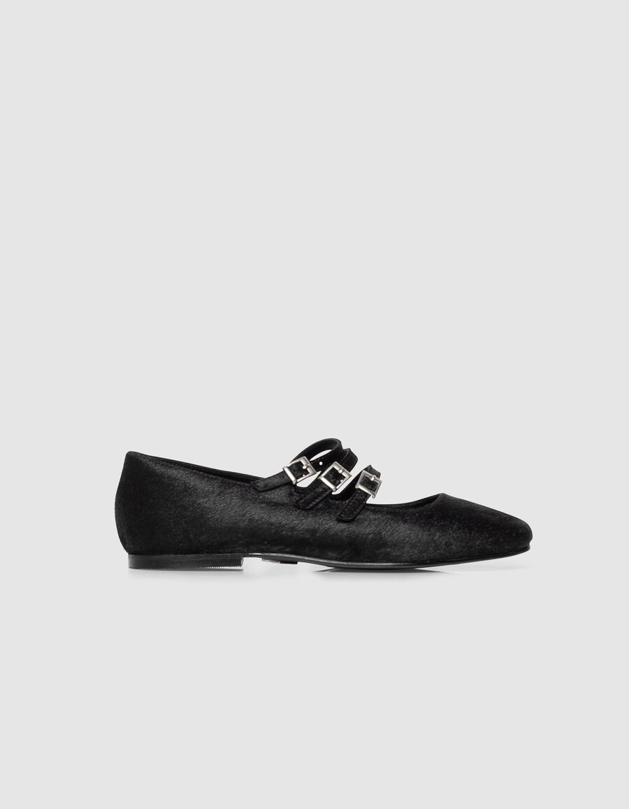 ballerine da donna in pelle effetto cavallino nera 3 fibbie