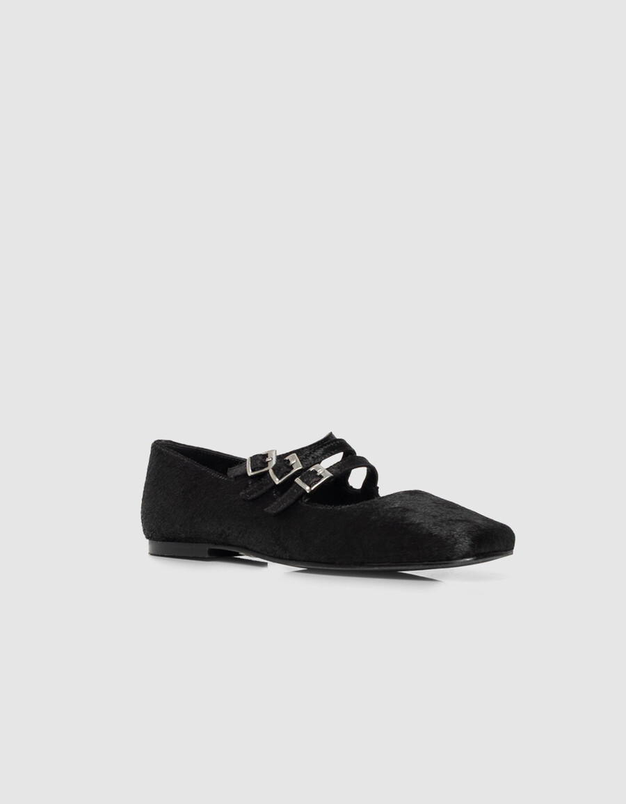 ballerine da donna in pelle effetto cavallino nera 3 fibbie