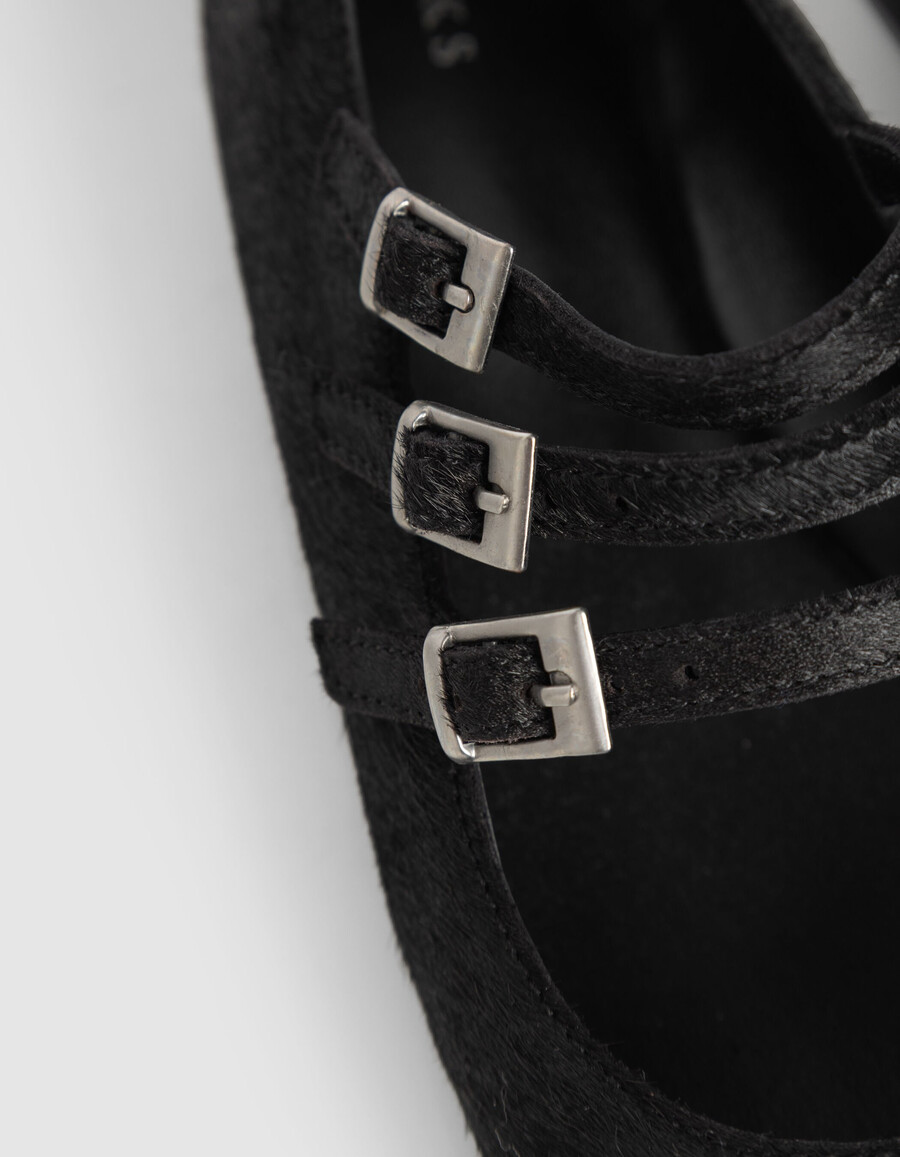 ballerine da donna in pelle effetto cavallino nera 3 fibbie