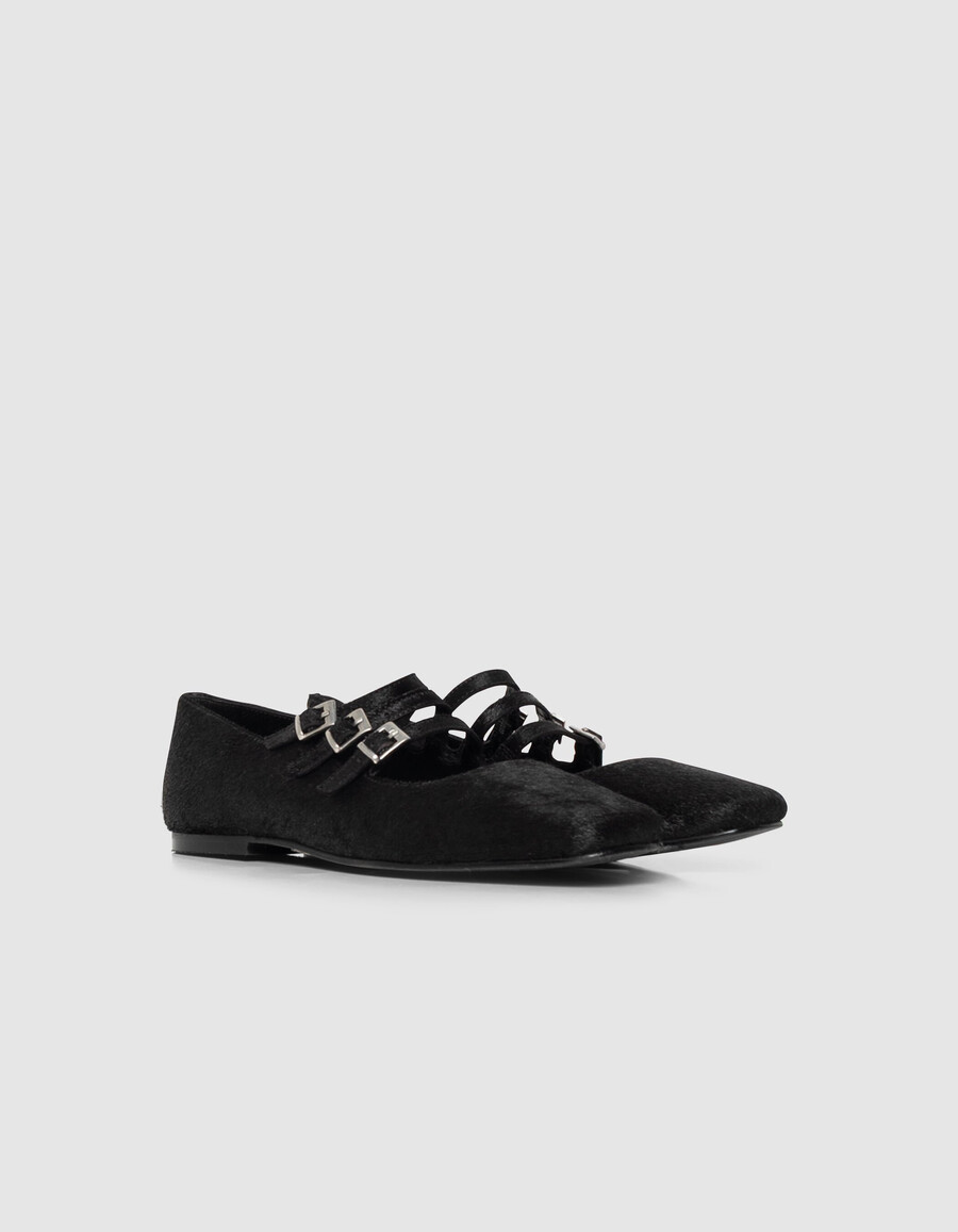 ballerine da donna in pelle effetto cavallino nera 3 fibbie