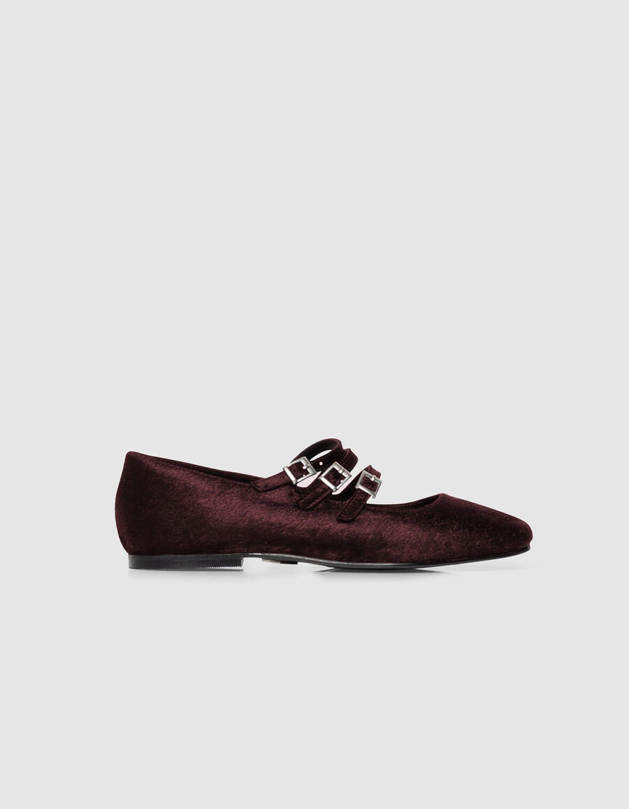 ballerine da donna in pelle effetto cavallino bordeaux 3 fibbie