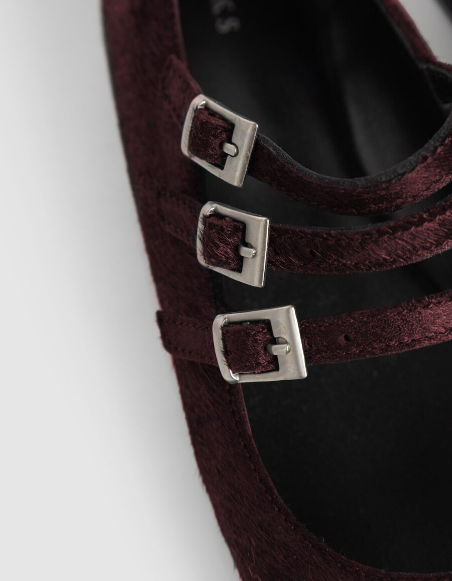ballerine da donna in pelle effetto cavallino bordeaux 3 fibbie