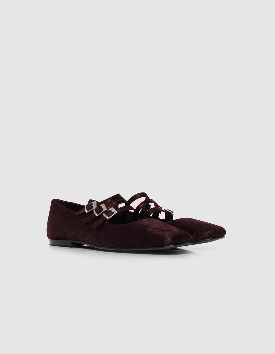 ballerine da donna in pelle effetto cavallino bordeaux 3 fibbie