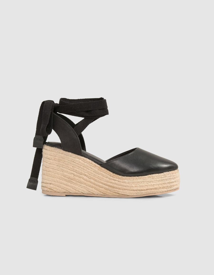 espadrillas con plateau e lacci in pelle nera da donna