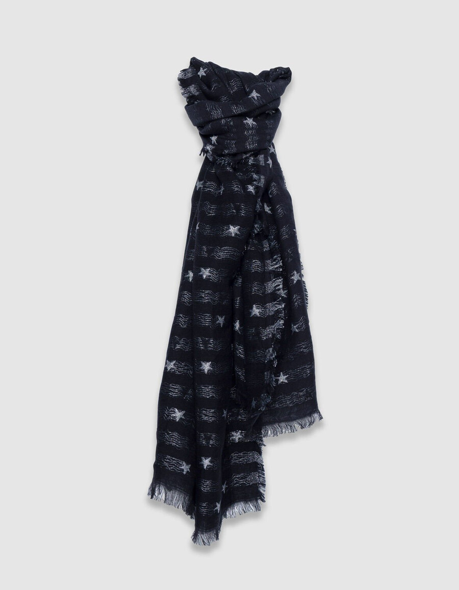 sciarpa jacquard nera da donna con stelle argentate