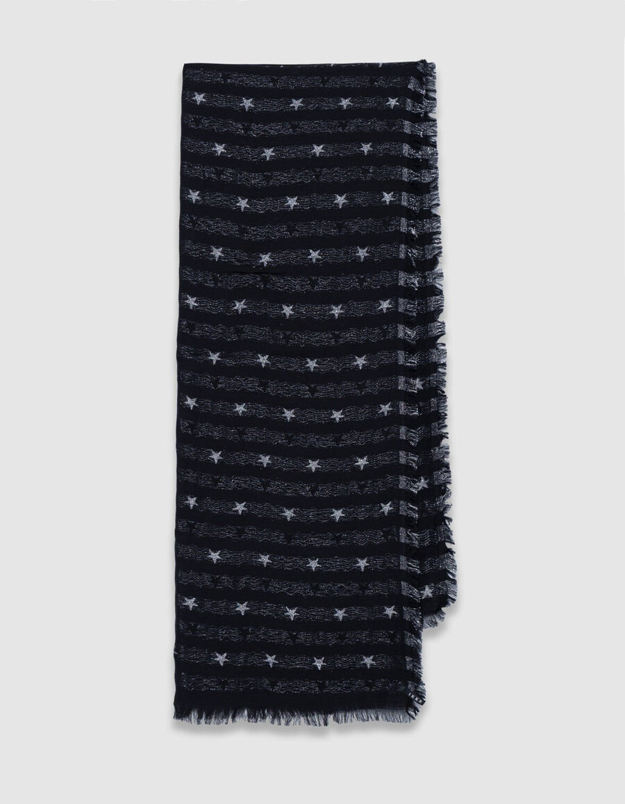 sciarpa jacquard nera da donna con stelle argentate