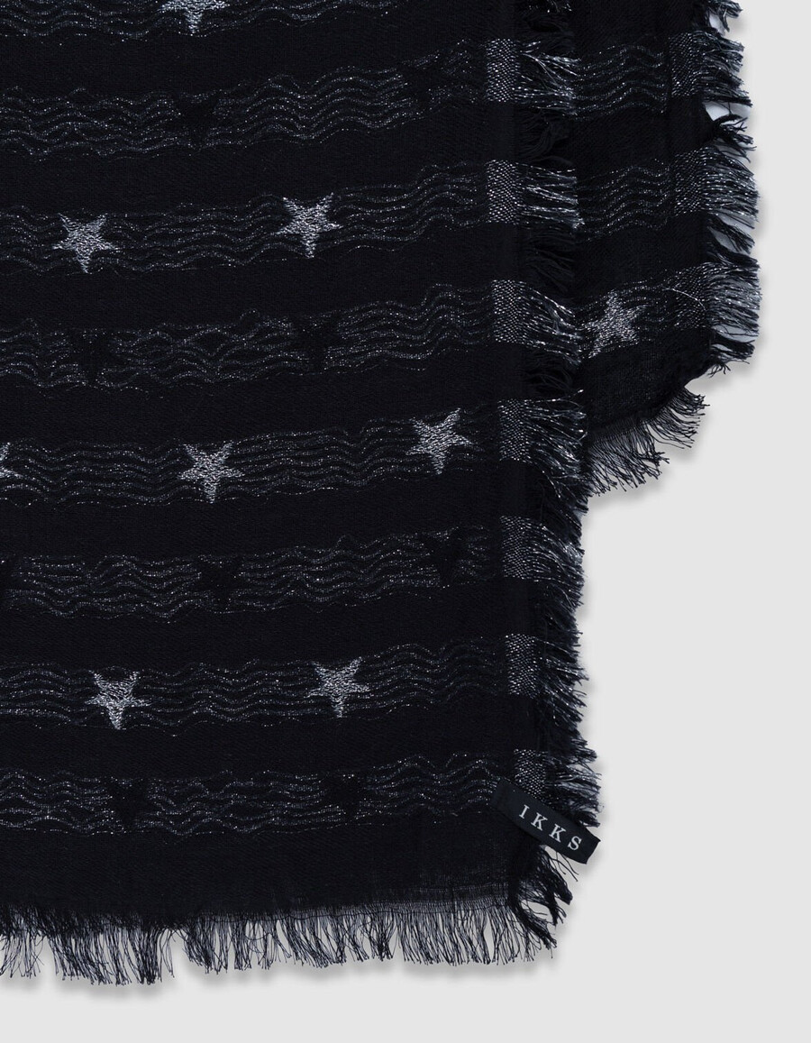 sciarpa jacquard nera da donna con stelle argentate