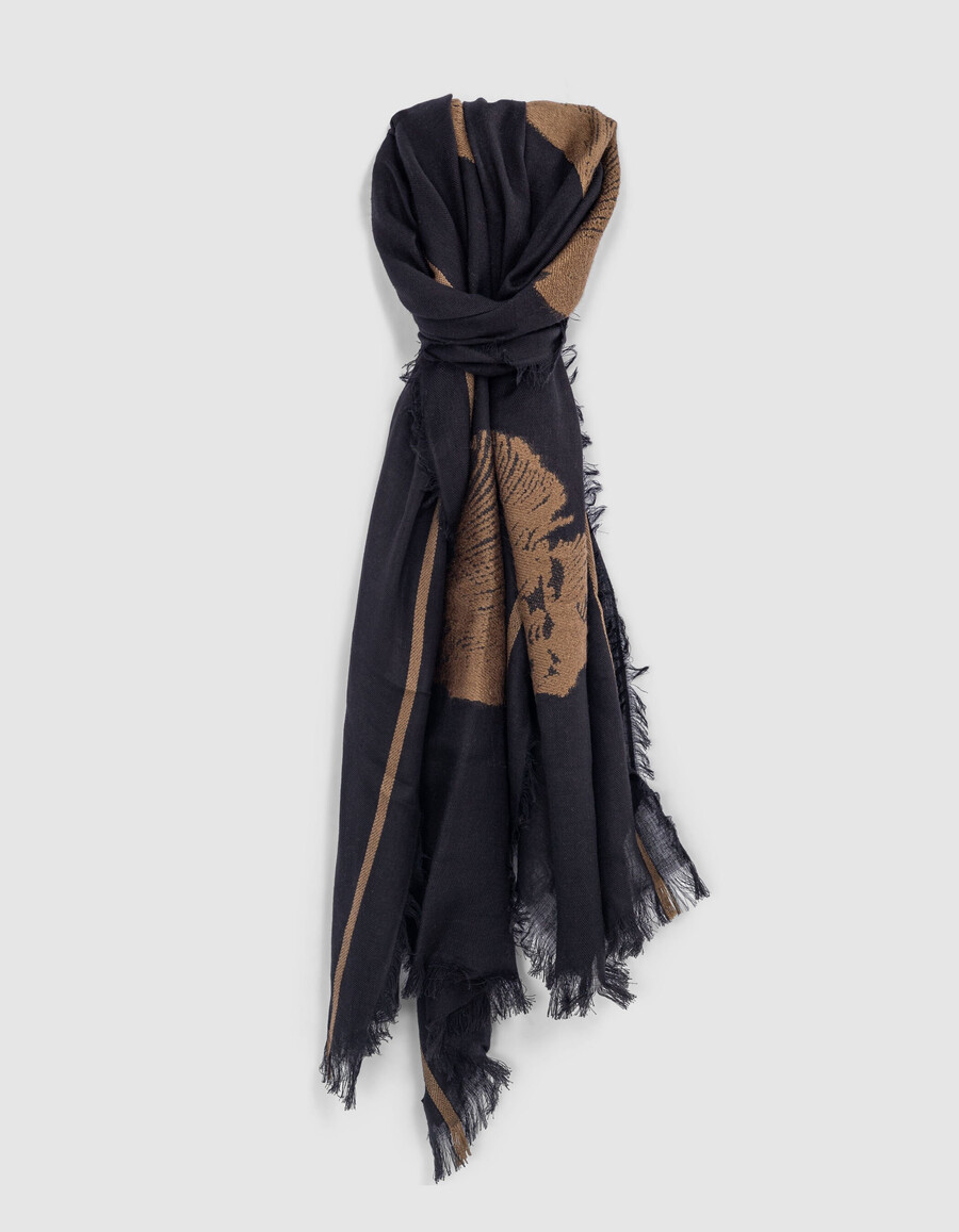 sciarpa jacquard nera con motivo a teschi color cammello da donna