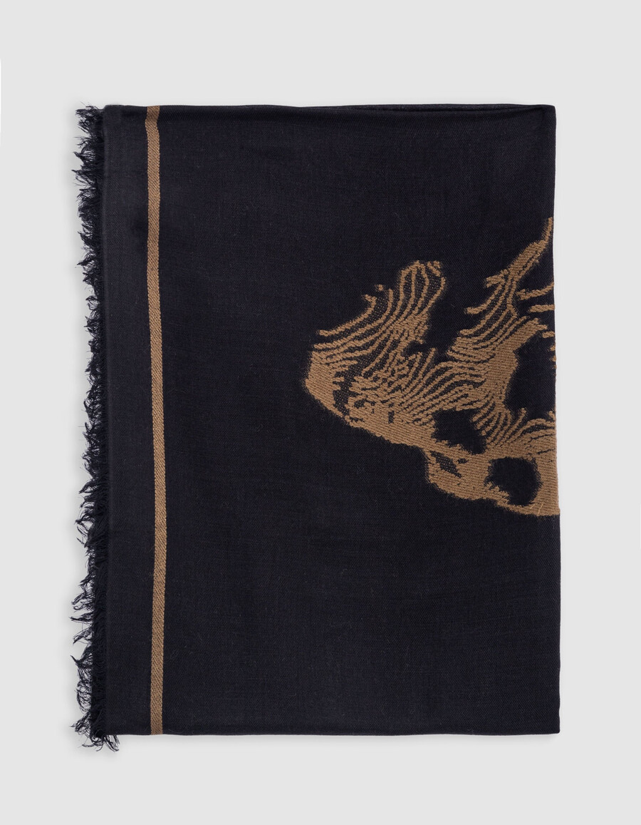 sciarpa jacquard nera con motivo a teschi color cammello da donna