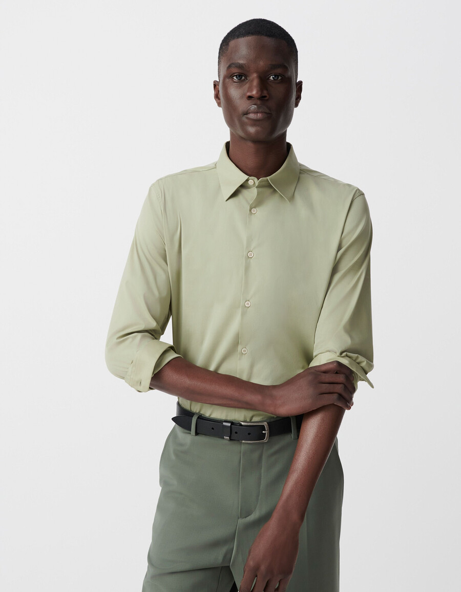 camicia slim fit in popeline color cachi da uomo