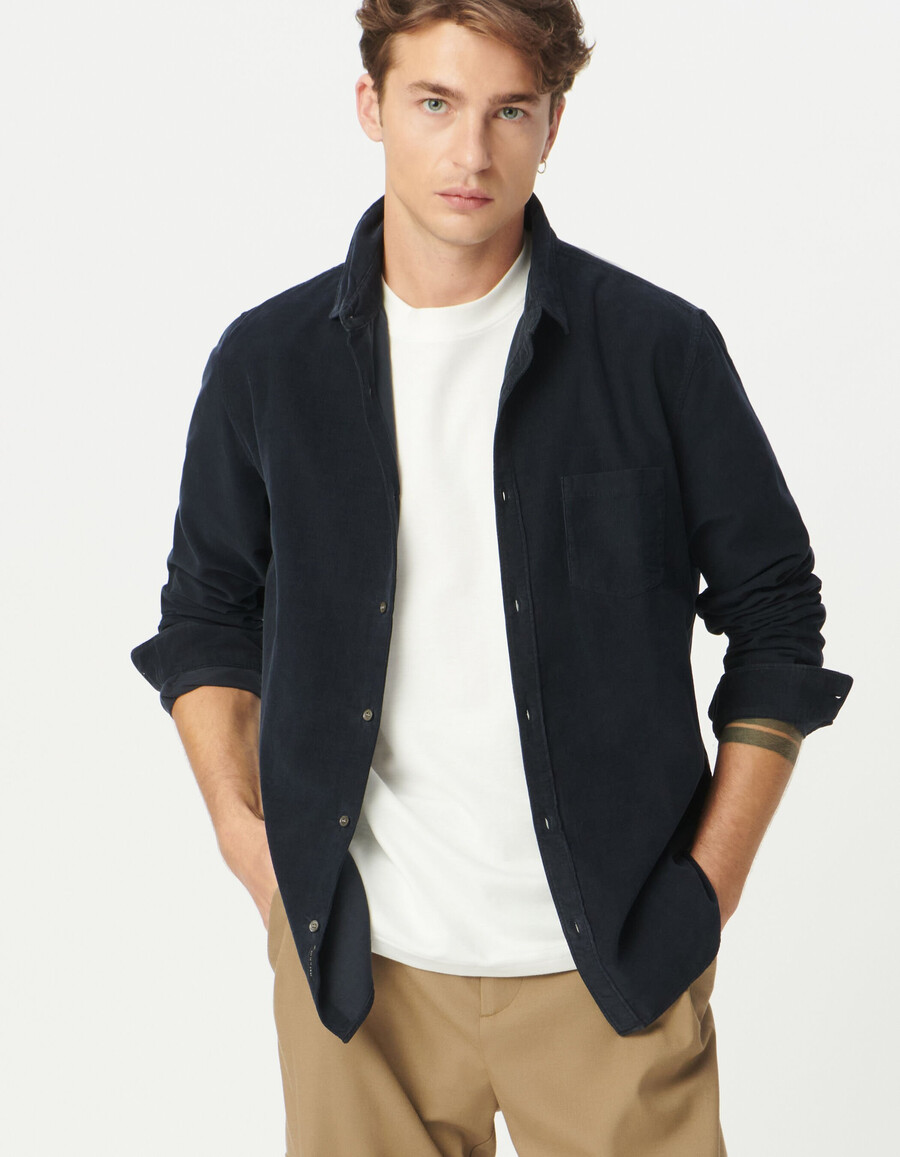 camicia da uomo in cotone biologico a coste blu navy