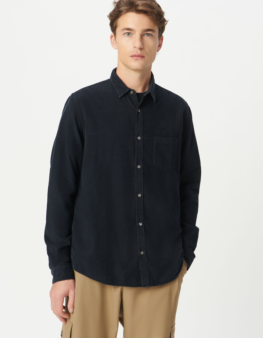 camicia da uomo in cotone biologico a coste blu navy