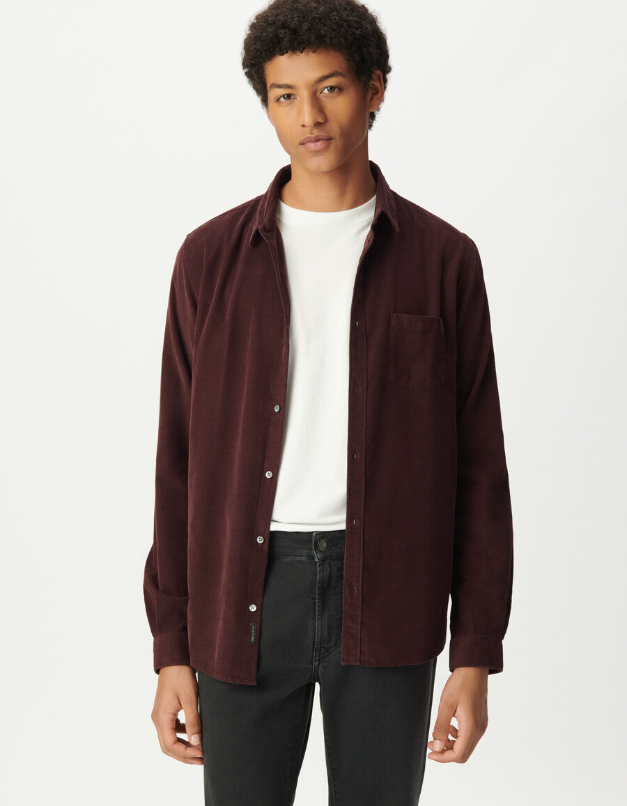 camicia da uomo in cotone biologico a coste color prugna